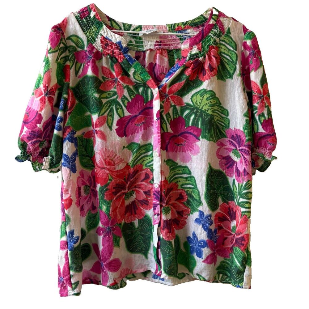 C by one Women’s Blouse L Multicolor Floral Puff Short Sleeve Button Front